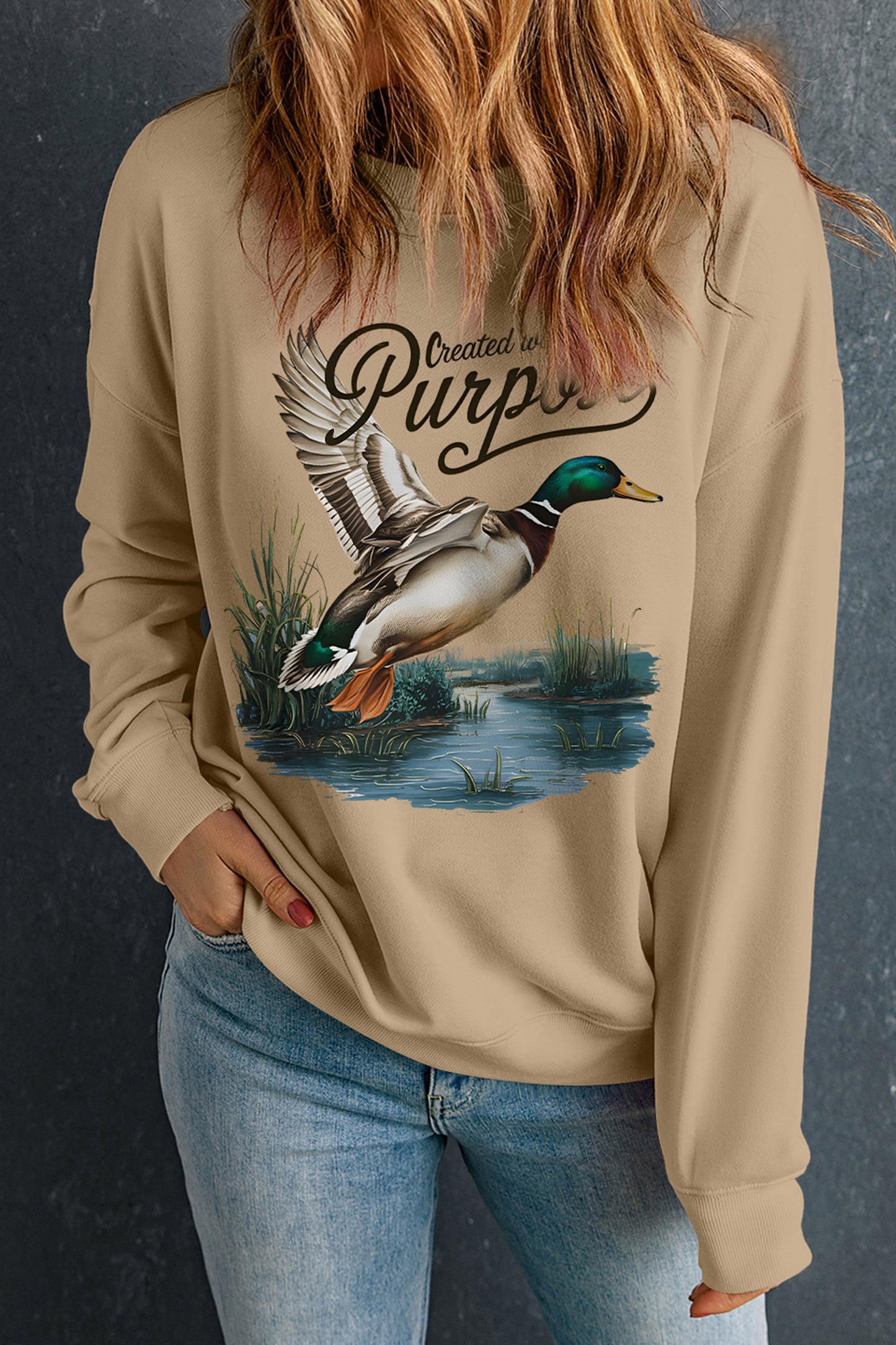 Khaki Created with Purpose Western Mallard Graphic Casual Pullover Sweatshirt