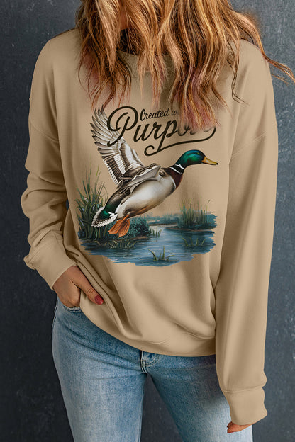 Khaki Created with Purpose Western Mallard Graphic Casual Pullover Sweatshirt