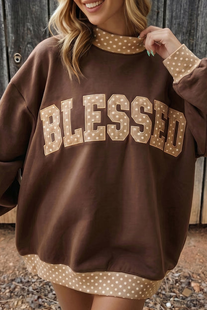 Dirty blue Plaid Trim High Neck GRACE Letter Graphic Baggy Sweatshirt