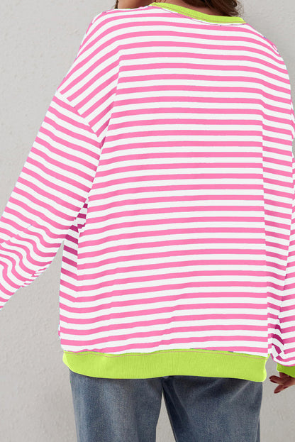White Striped Contrast Trim Drop Shoulder Sweatshirt