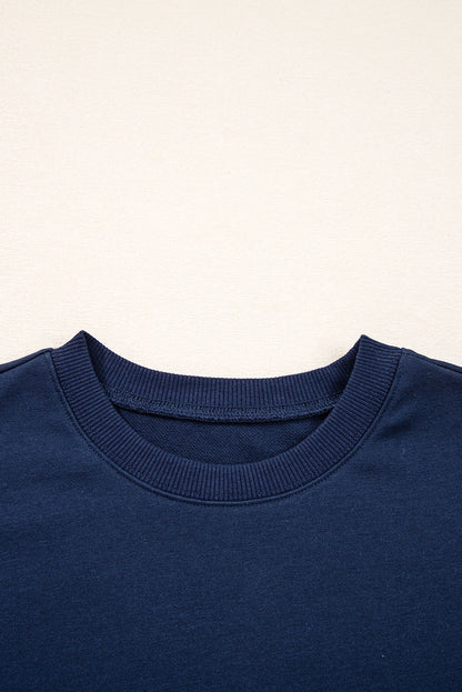 Navy Blue Preppy Striped Sleeve Loose Sweatshirt