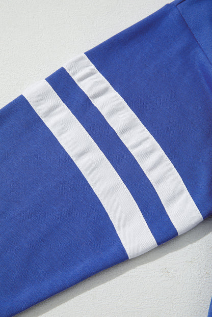Navy Blue Preppy Striped Sleeve Loose Sweatshirt