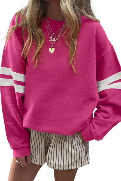Navy Blue Preppy Striped Sleeve Loose Sweatshirt