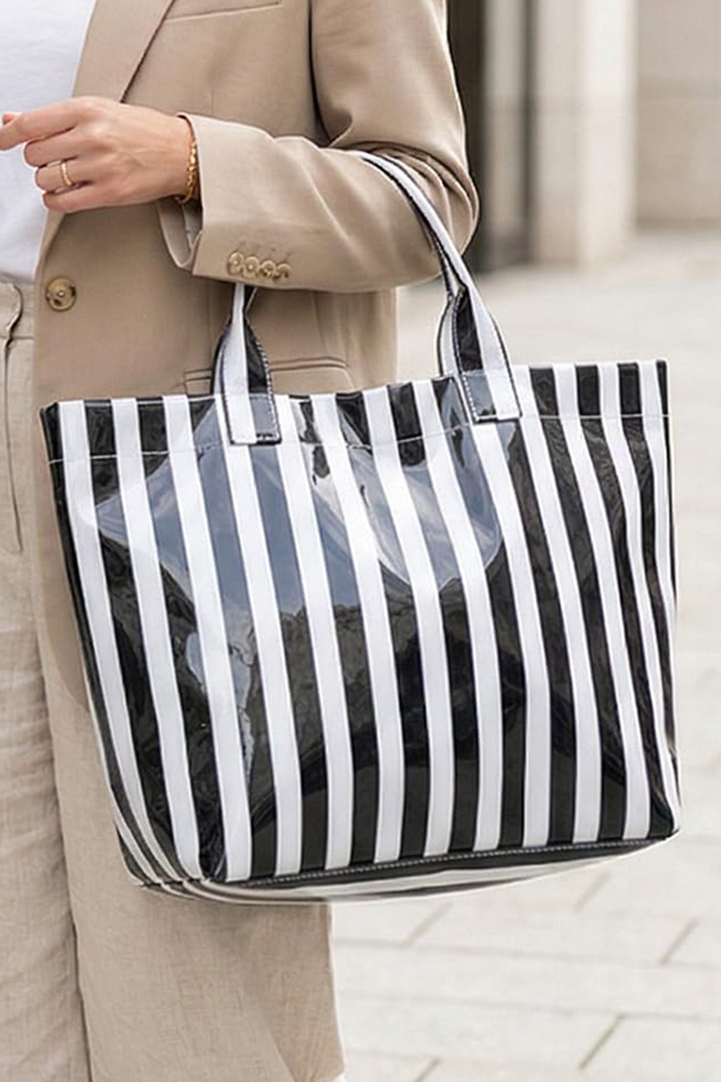Light Blue Glossy Striped Vinyl Large Tote Bag (Batch Color Gap)