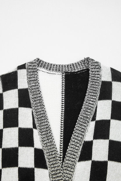 Brown Checkered Open Front Drop Shoulder Cardigan
