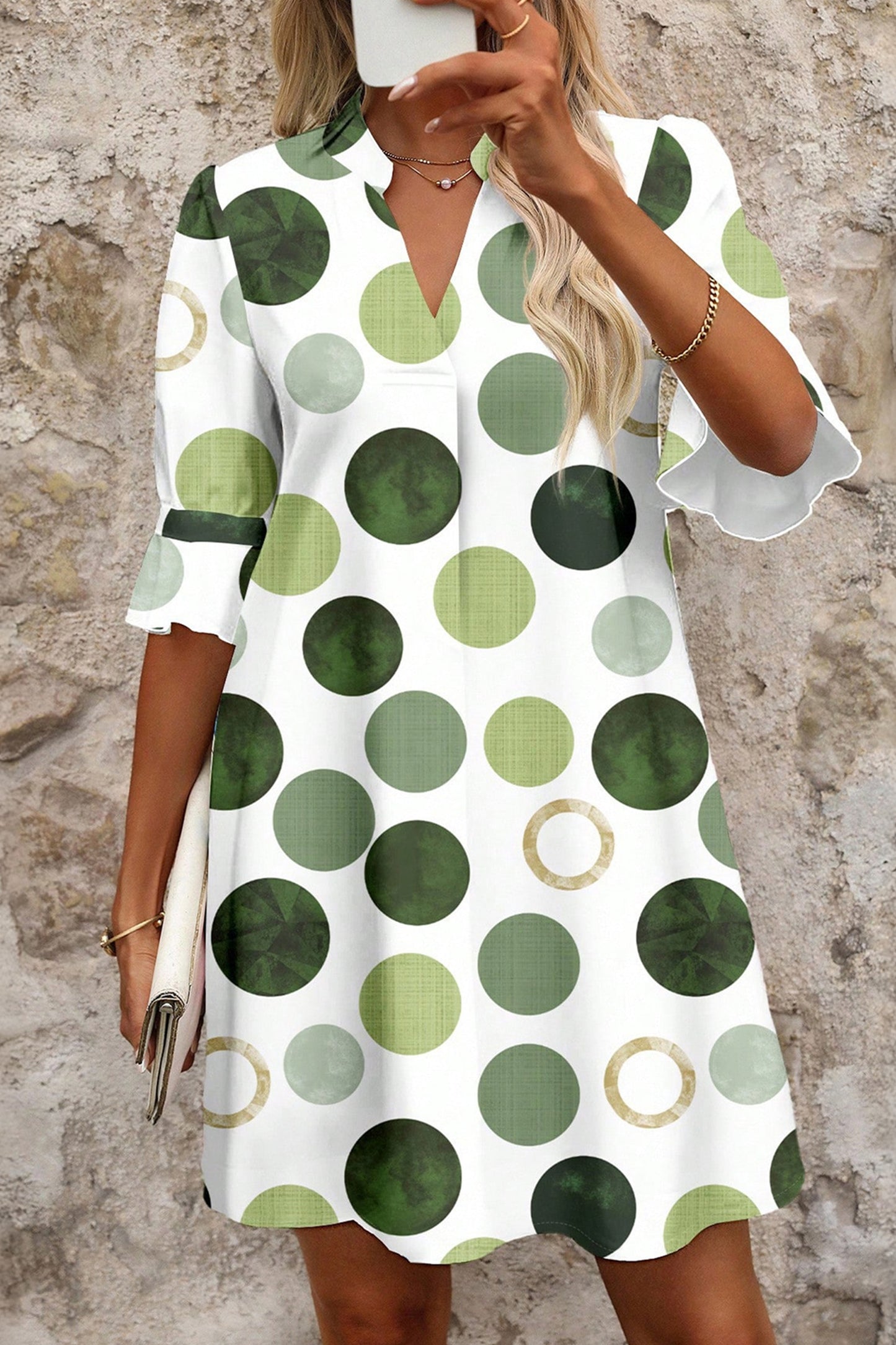 Blue Polka Dot Print Flounced Half Sleeve Casual Vacation Style Mini Dress