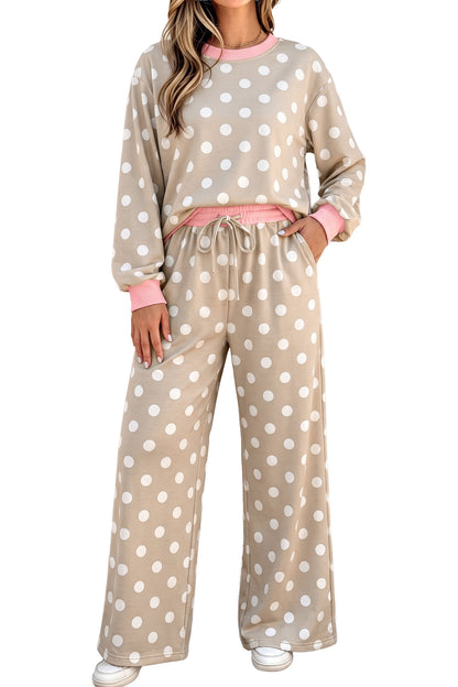 Sky Blue Polka Dot Contrast Trim Long Sleeve Top Drawstring Shift Pants Set