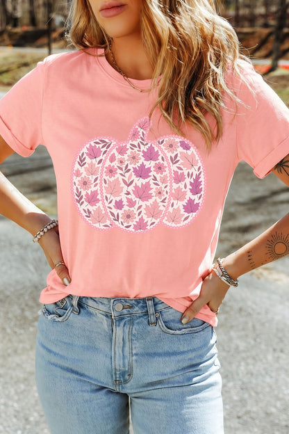 Pink Leafy Floral Pumpkin Graphic Casual Round Neck T Shirt