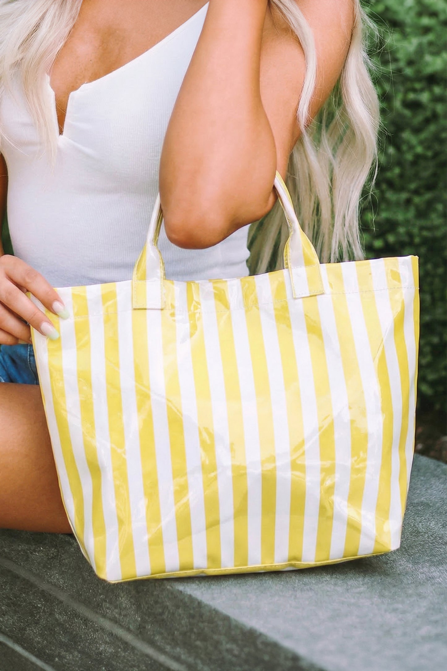 Light Blue Glossy Striped Vinyl Large Tote Bag (Batch Color Gap)