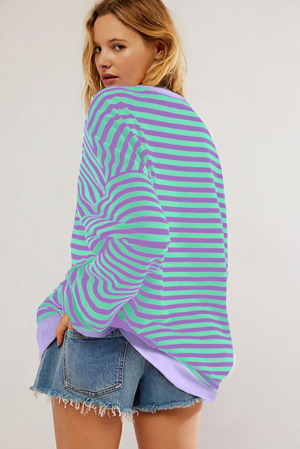 White Striped Contrast Trim Drop Shoulder Sweatshirt