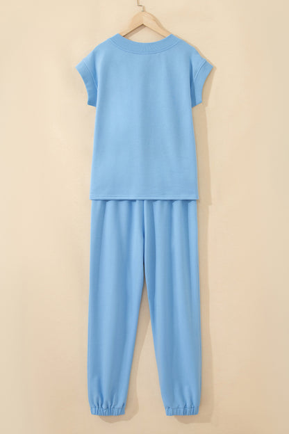 Bonbon Solid Color V Neck Tee Drawstring Pant Set
