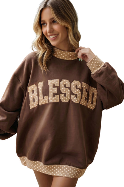 Dirty blue Plaid Trim High Neck GRACE Letter Graphic Baggy Sweatshirt