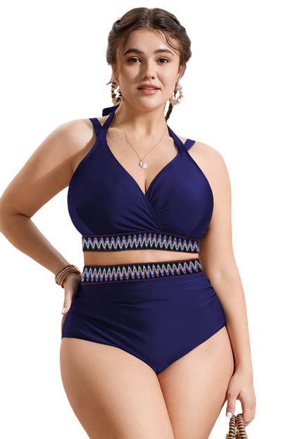 Navy Blue Embroidered Trim Wrap Tie Knot Plus Size High Waisted Bikini Set