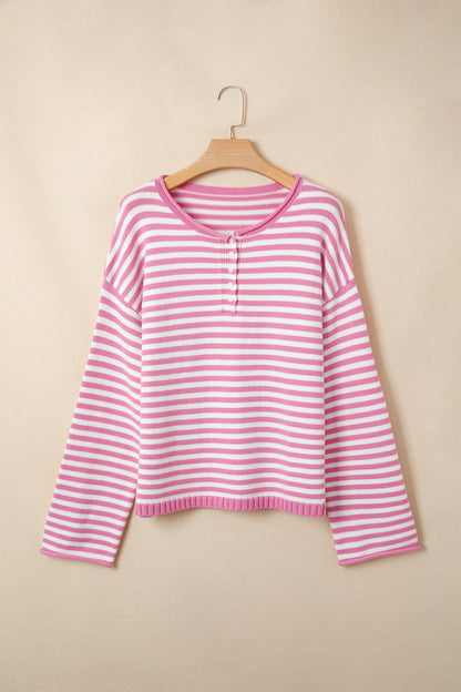 Green Stripe Striped Button Placket Drop Shoulder Long Sleeve Sweater