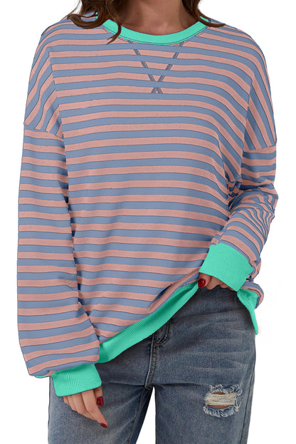 White Striped Contrast Trim Drop Shoulder Sweatshirt