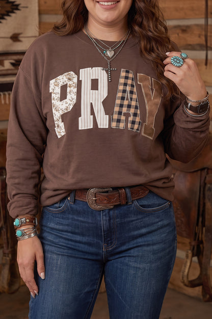 Coffee PRAY Letter Patchwork Round Neck Long Sleeve Plus Size Sweatshirt