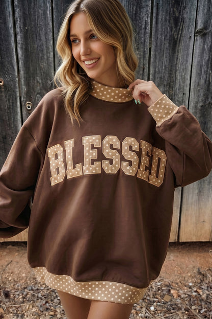 Dirty blue Plaid Trim High Neck GRACE Letter Graphic Baggy Sweatshirt