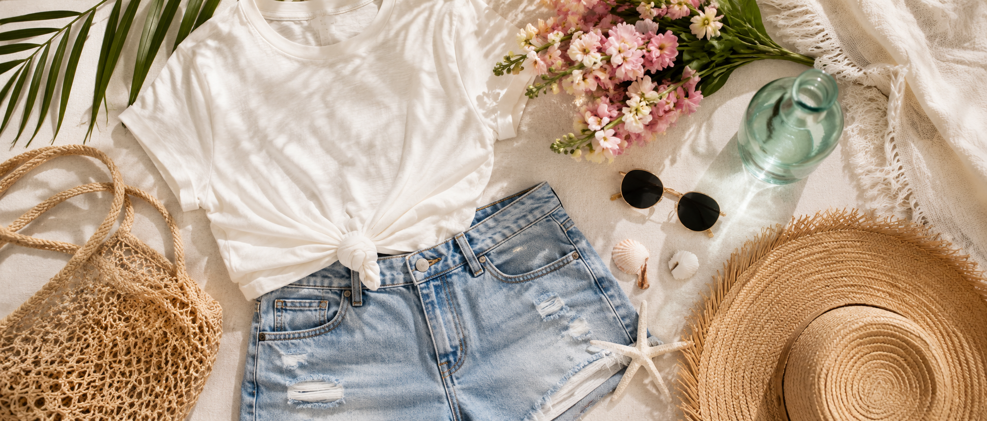 Coastal-inspired boutique fashion flat lay with denim shorts, white tee, straw hat, and Southern Cottage Boutique style.