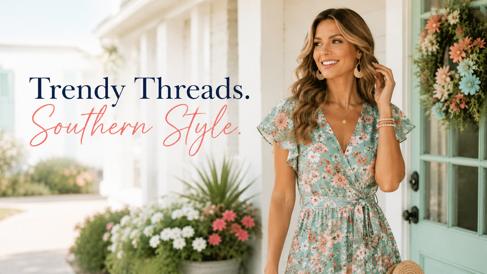 Woman wearing a floral dress on a Southern-style porch for Southern Cottage Boutique women's fashion.